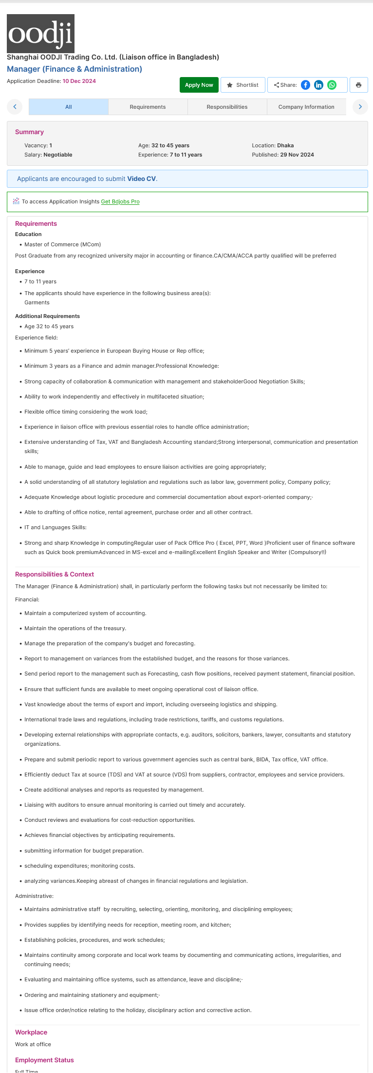 Screenshot 2024 11 29 at 17 36 10 Manager Finance Administration Shanghai OODJI Trading Co. Ltd. Liaison office in Bangladesh Bdjobs.com