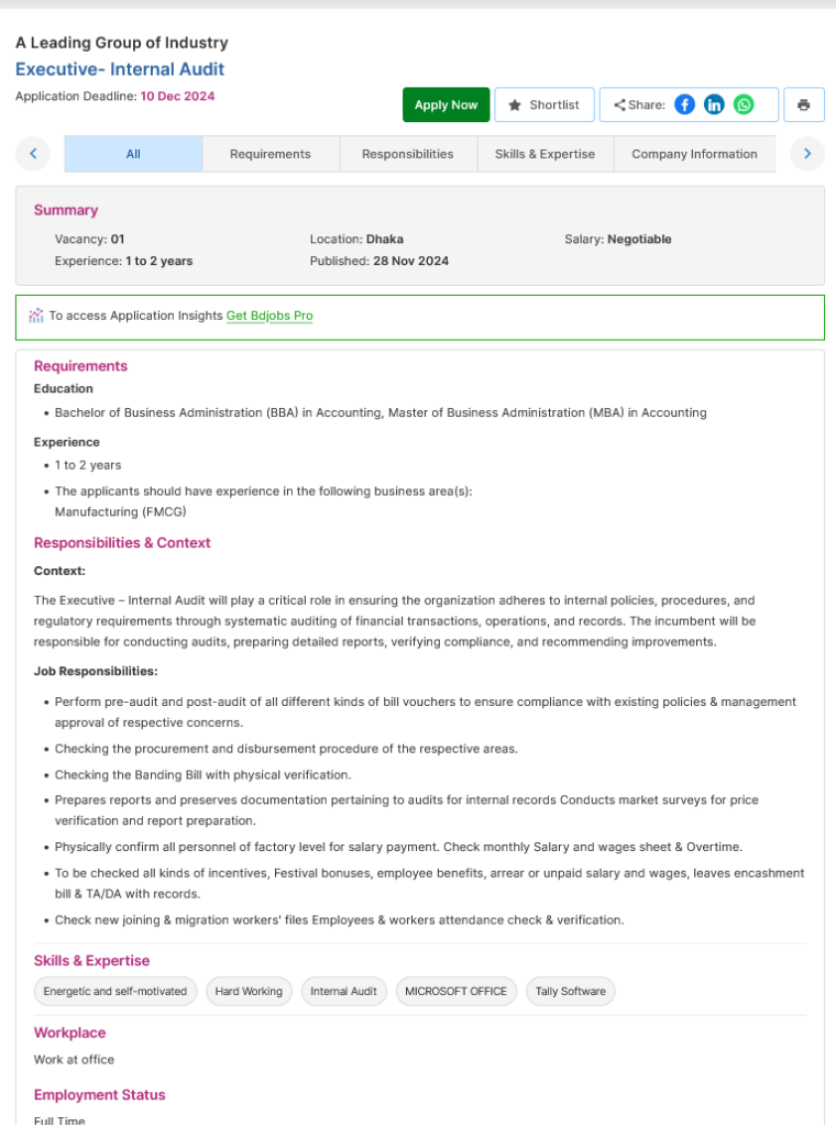 Screenshot 2024 11 30 at 10 53 53 Executive Internal Audit A Leading Group of Industry Bdjobs.com