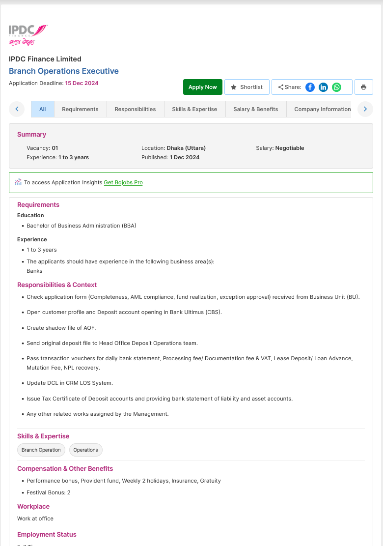 Screenshot 2024 12 01 at 16 36 56 Branch Operations Executive IPDC Finance Limited Bdjobs.com