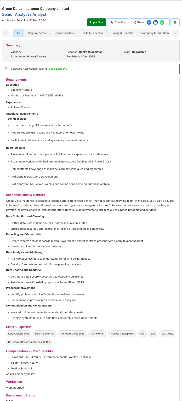 Screenshot 2024 12 01 at 17 06 46 Senior Analyst Analyst Green Delta Insurance Company Limited Bdjobs.com 2