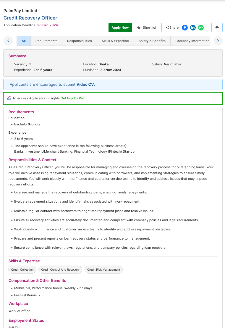 Screenshot 2024 12 01 at 17 58 05 Credit Recovery Officer PalmPay Limited Bdjobs.com