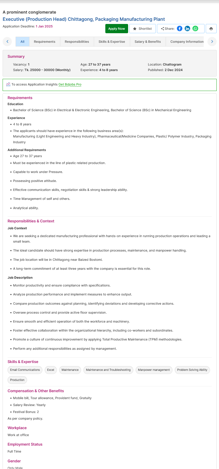 Screenshot 2024 12 02 at 10 48 03 Executive Production Head Chittagong Packaging Manufacturing Plant A prominent conglomerate Bdjobs.com