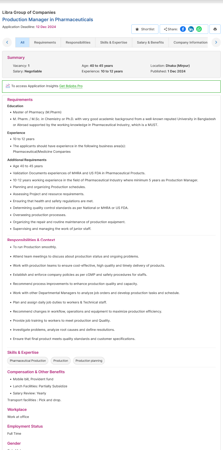 Screenshot 2024 12 02 at 11 52 06 Production Manager in Pharmaceuticals Libra Group of Companies Bdjobs.com