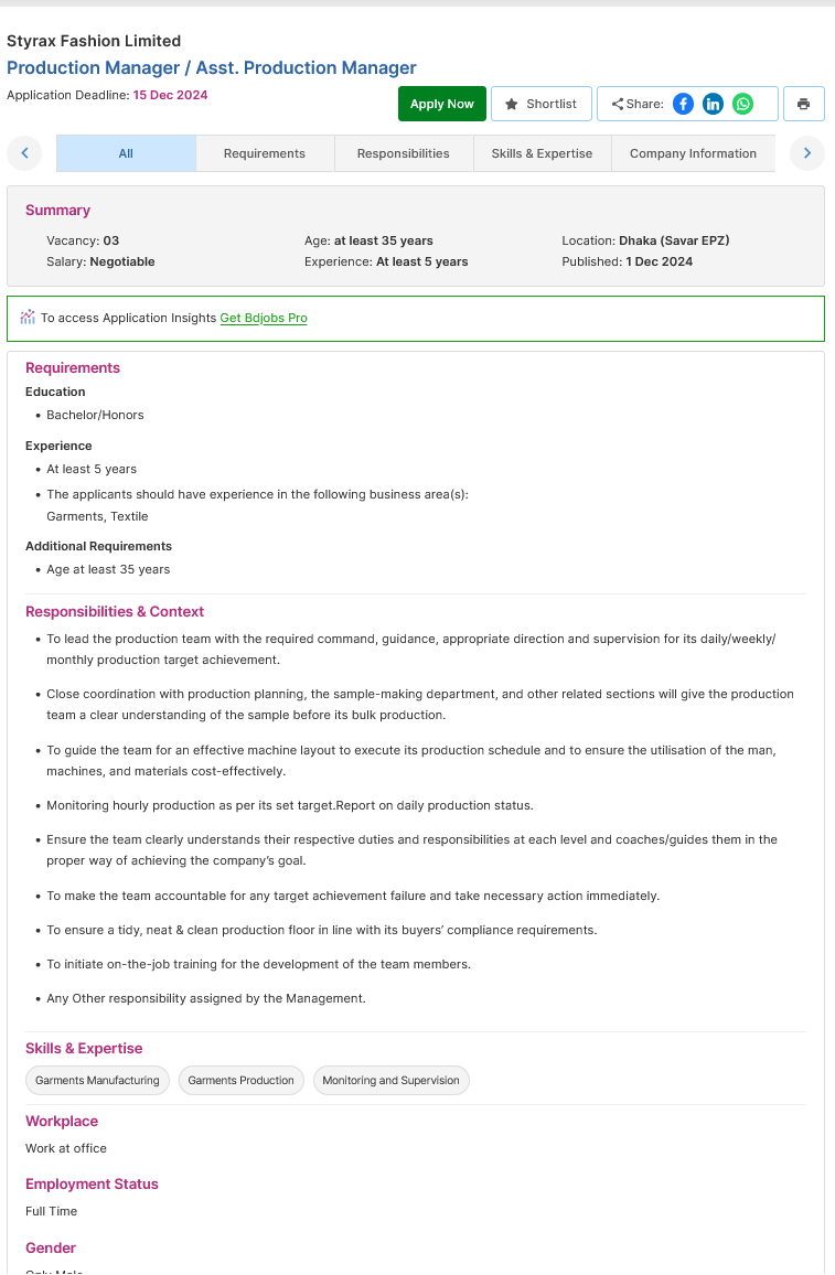 Screenshot 2024 12 02 at 12 24 28 Production Manager Asst. Production Manager Styrax Fashion Limited Bdjobs.com