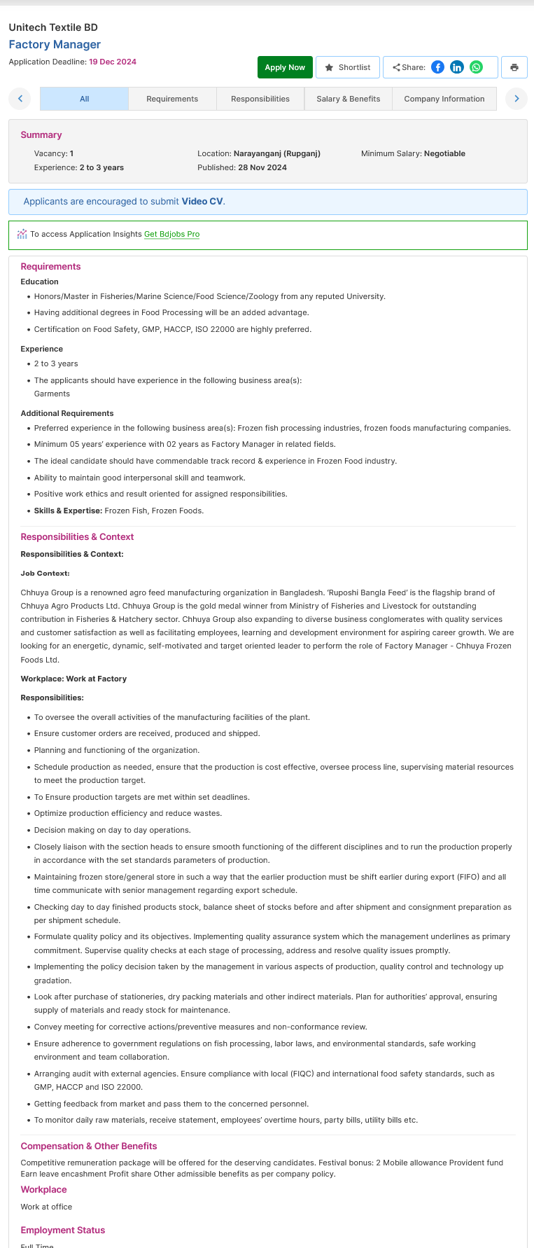 Screenshot 2024 12 02 at 12 56 14 Factory Manager Unitech Textile BD Bdjobs.com