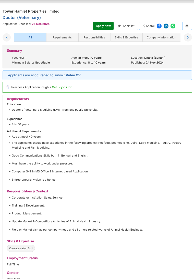 Screenshot 2024 12 02 at 18 37 01 Doctor Veterinary Tower Hamlet Properties limited Bdjobs.com