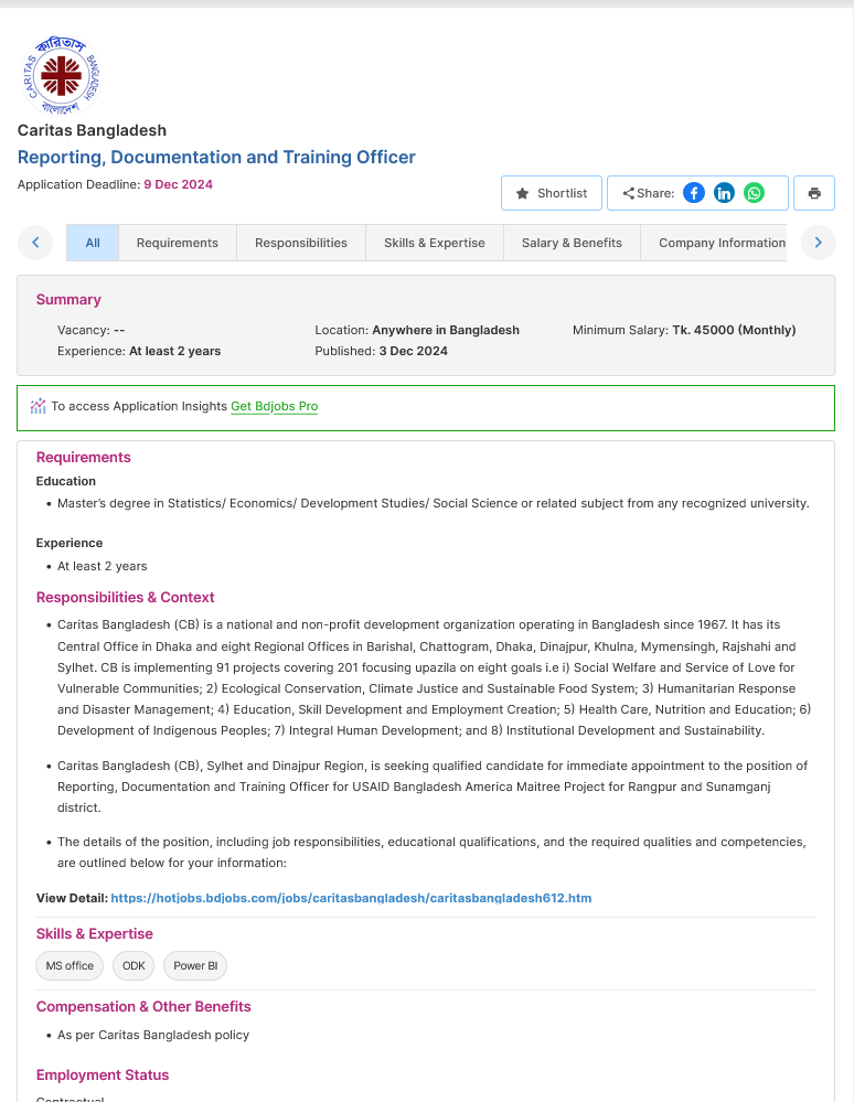 Screenshot 2024 12 03 at 11 48 38 Reporting Documentation and Training Officer Caritas Bangladesh Bdjobs.com