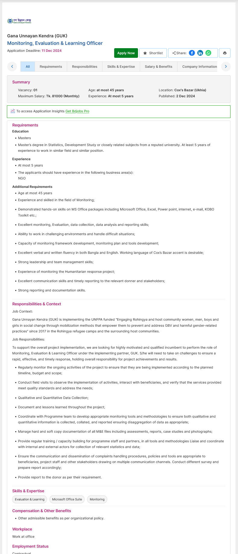 Screenshot 2024 12 03 at 12 22 27 Monitoring Evaluation Learning Officer Gana Unnayan Kendra GUK Bdjobs.com