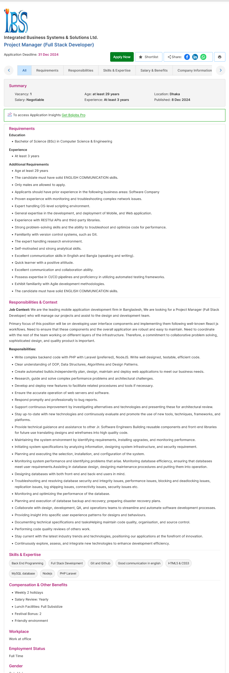 Screenshot 2024 12 08 at 16 39 59 Project Manager Full Stack Developer Integrated Business Systems Solutions Ltd. Bdjobs.com