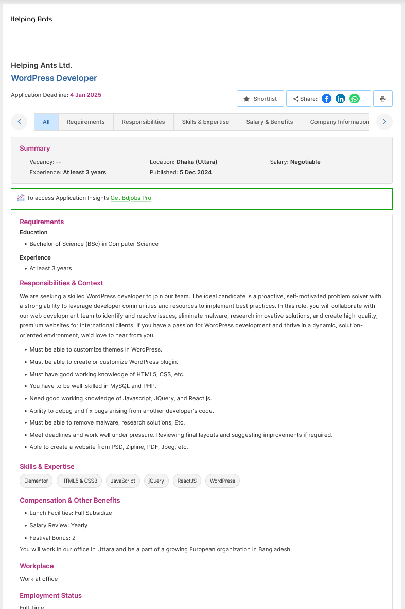 Screenshot 2024 12 08 at 17 11 54 WordPress Developer Helping Ants Ltd. Bdjobs.com