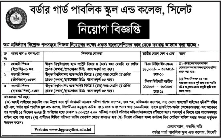 বর্ডার গার্ড পাবলিক স্কুল এন্ড কলেজ নিয়োগ ২০২৪