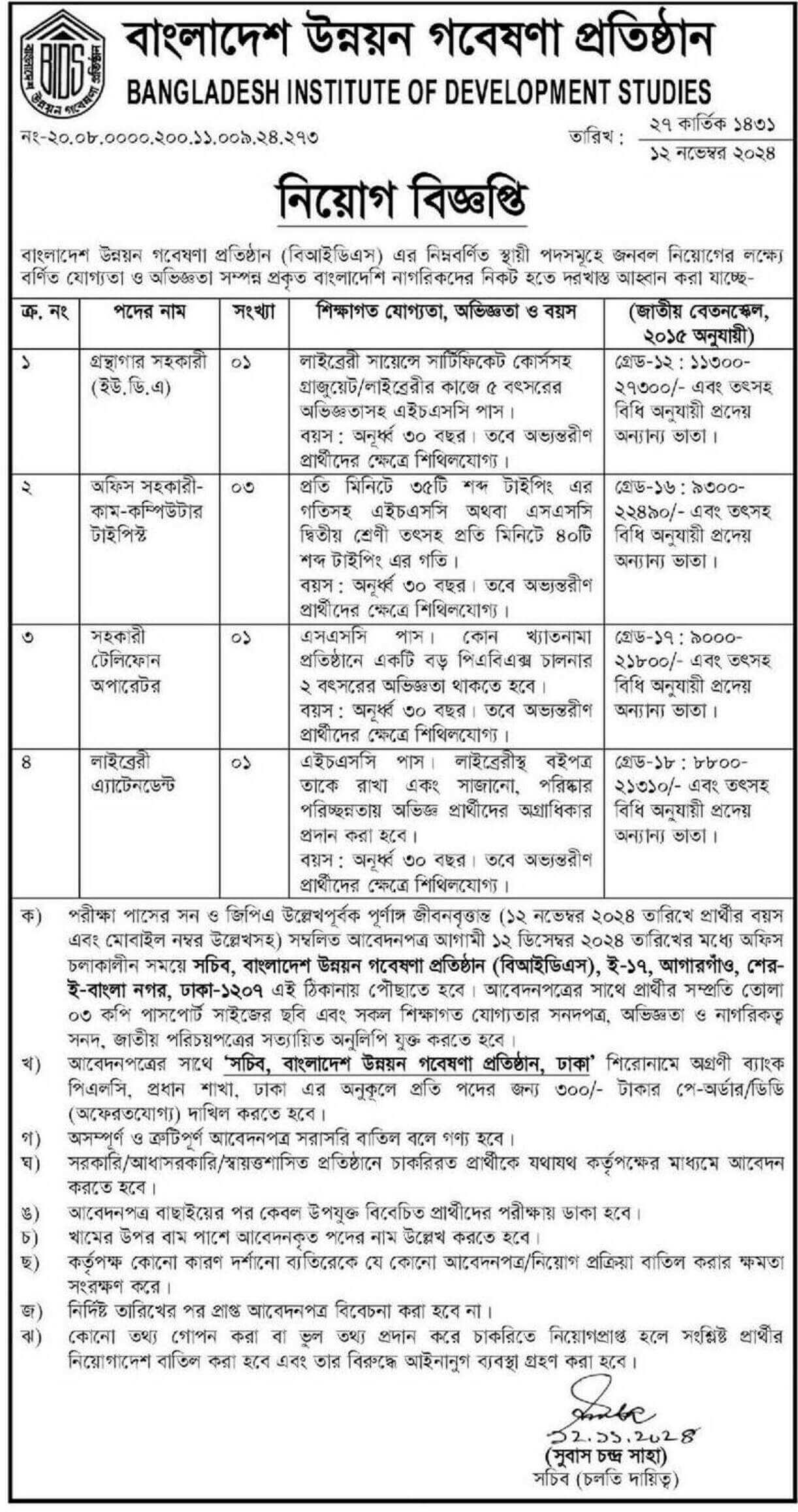 বাংলাদেশ উন্নয়ন গবেষণা প্রতিষ্ঠান নিয়োগ বিজ্ঞপ্তি ২০২৪