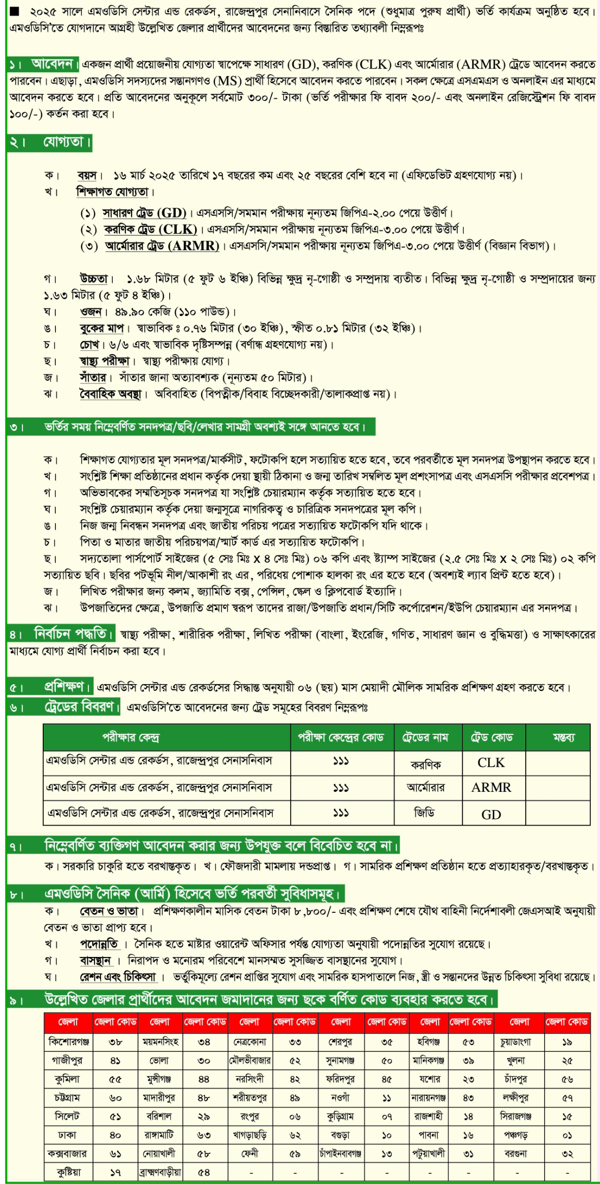 বাংলাদেশ সেনাবাহিনীতে সৈনিক পদে নিয়োগ বিজ্ঞপ্তি ২০২৪